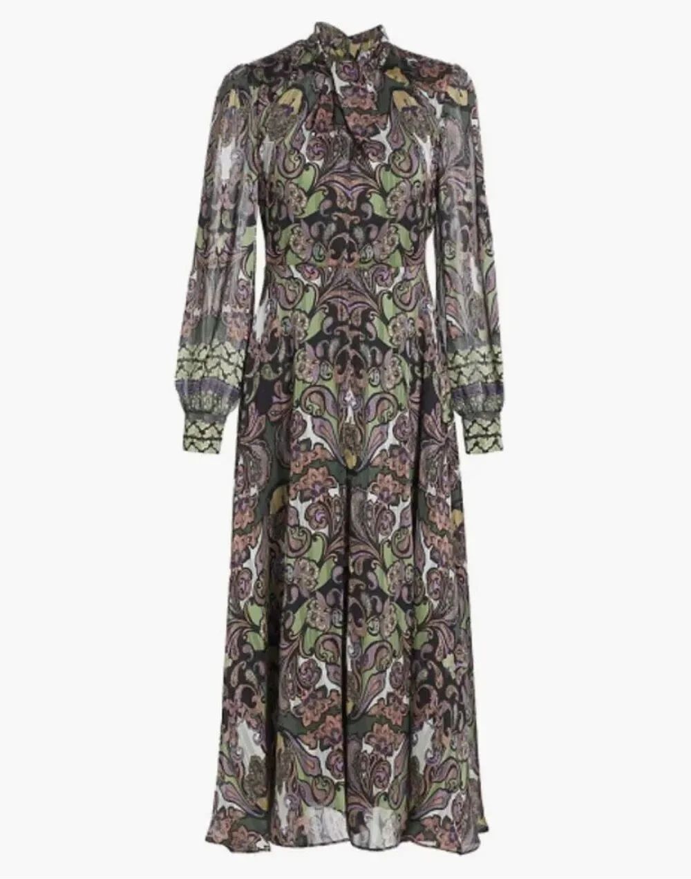 Elie Tahari The Raquel Tie-Neck Paisley-Print Midi Dress Green Multi Size 6 - Picture 3 of 12